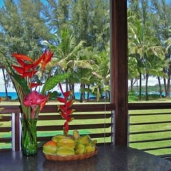 Beach & Bluff Realty - View across the grass to the beach from Hanalei Moon Beach Cottage.