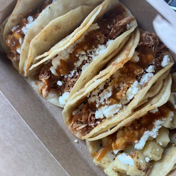 Xochi - Tingua (chicken) and Potatoe taco with spicy. SO GOOD!!! - Food Trucks Near Me - Issaquah, Washington Xochi - Tingua (chicken) and Potatoe taco with spicy. SO GOOD!!! - Food Trucks Near Me - Issaquah, Washington