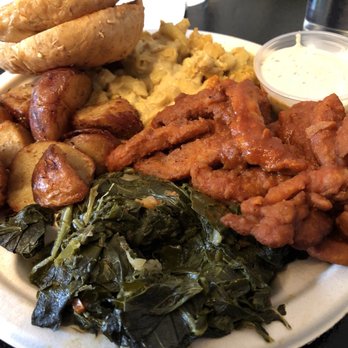 Vegelicious - Hot chicken plate (vegan) with potatoes and Collard Greensburg Mac and Cheese and vegan ranch - Vegan Near Me - Nashville, Tennessee Vegelicious - Hot chicken plate (vegan) with potatoes and Collard Greensburg Mac and Cheese and vegan ranch - Vegan Near Me - Nashville, Tennessee