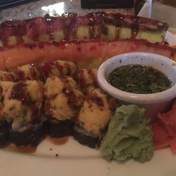 Forty Five Degrees - Top to bottom: Black Widow roll, Salmon Diablo roll, Dynamite roll. - Sushi Bars Near Me - Indianapolis, Indiana Forty Five Degrees - Top to bottom: Black Widow roll, Salmon Diablo roll, Dynamite roll. - Sushi Bars Near Me - Indianapolis, Indiana