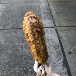 Crunchy corndog (chicken weiner) with katzu sauce and honey mustard