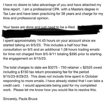 Paula Marie Bruce CPA - Paula justifying her excessive unwarranted fees - Tax Services Near Me Paula Marie Bruce CPA - Paula justifying her excessive unwarranted fees - Tax Services Near Me