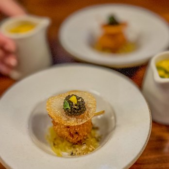 Kochi - 1. Sweet Pumpkin (pumpkin soup, spaghetti squash, potato tuile, caviar) - Korean Near Me - New York, New York Kochi - 1. Sweet Pumpkin (pumpkin soup, spaghetti squash, potato tuile, caviar) - Korean Near Me - New York, New York