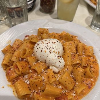 Café Bello - Rigatoni alla Vodka with added Burrata and red pepper flakes - Italian Near Me - Bayonne, New Jersey