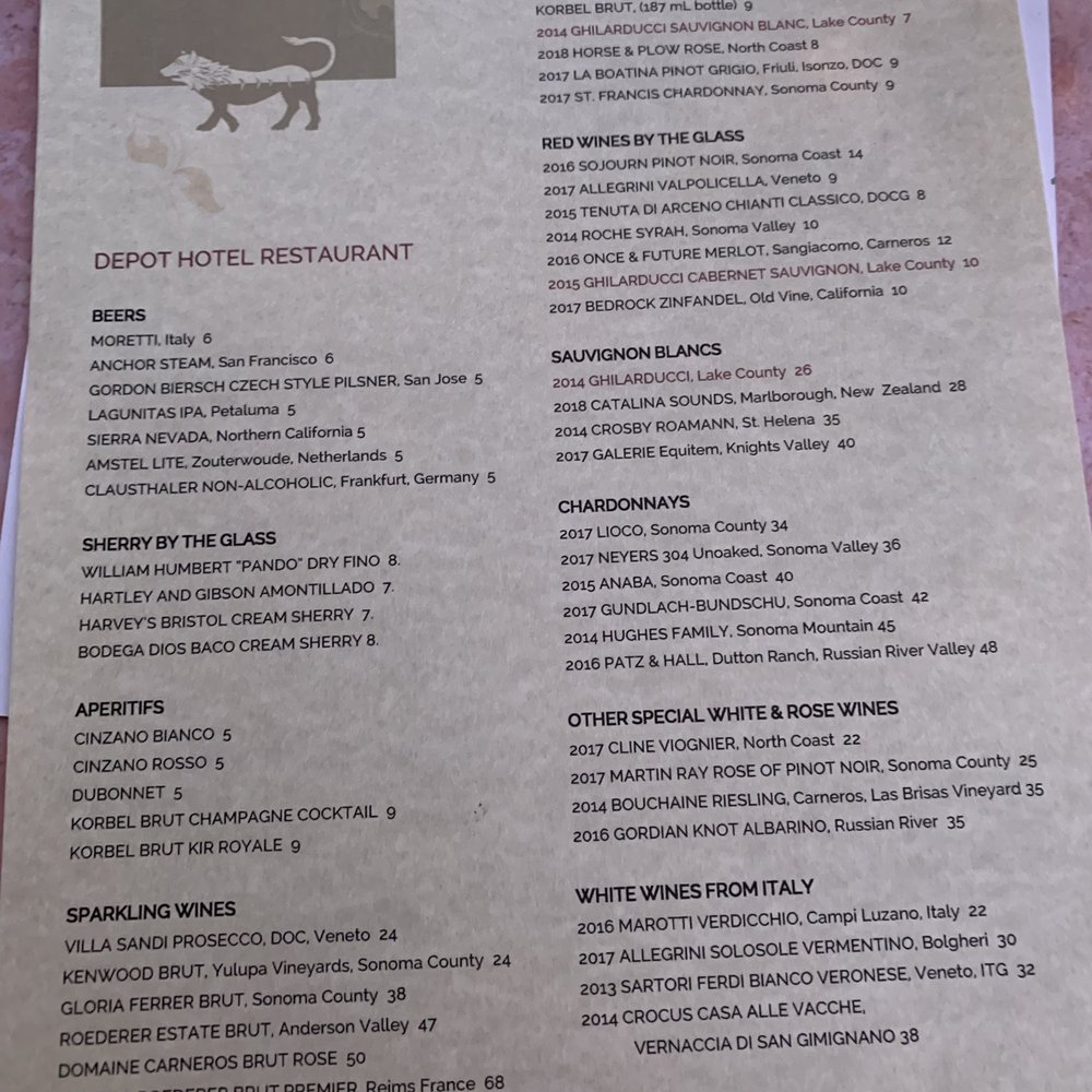 The Depot Restaurant - Wine list - Italian Near Me - Sonoma, California