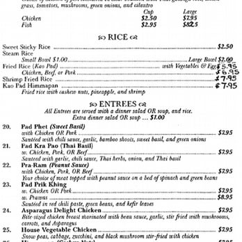 Thai Cafe - Soups, Rice and Entrees. Prices may not be up-to-date. - Thai Near Me - Redding, California Thai Cafe - Soups, Rice and Entrees. Prices may not be up-to-date. - Thai Near Me - Redding, California