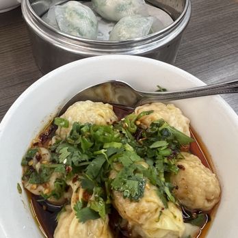 Get Sum Dim Sum - Shrimp/Pork Wonton in Chilli Oil,  Leek Shrimp Dumplings in the picture. All thumbs up! Not pictured Gin Dui and Cha Siu Bao, sticky rice. - Dim Sum Near Me - Ontario, California