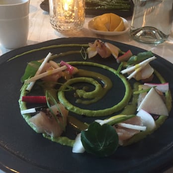 L'Restaurant - The Hamachi Crudo with passionfruit dressing and avocado mouse was almost like a cocktail on a plate - #delish - French Near Me - Beverly Hills, California