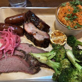 Cork and Batter Roadhouse - 3 meat combo (Ribs, Hot Link, Tri-Tip) with seasonal vegetables and Vegan Cajun Dirty Rice - Cocktail Bars Near Me - Simi Valley, California Cork and Batter Roadhouse - 3 meat combo (Ribs, Hot Link, Tri-Tip) with seasonal vegetables and Vegan Cajun Dirty Rice - Cocktail Bars Near Me - Simi Valley, California