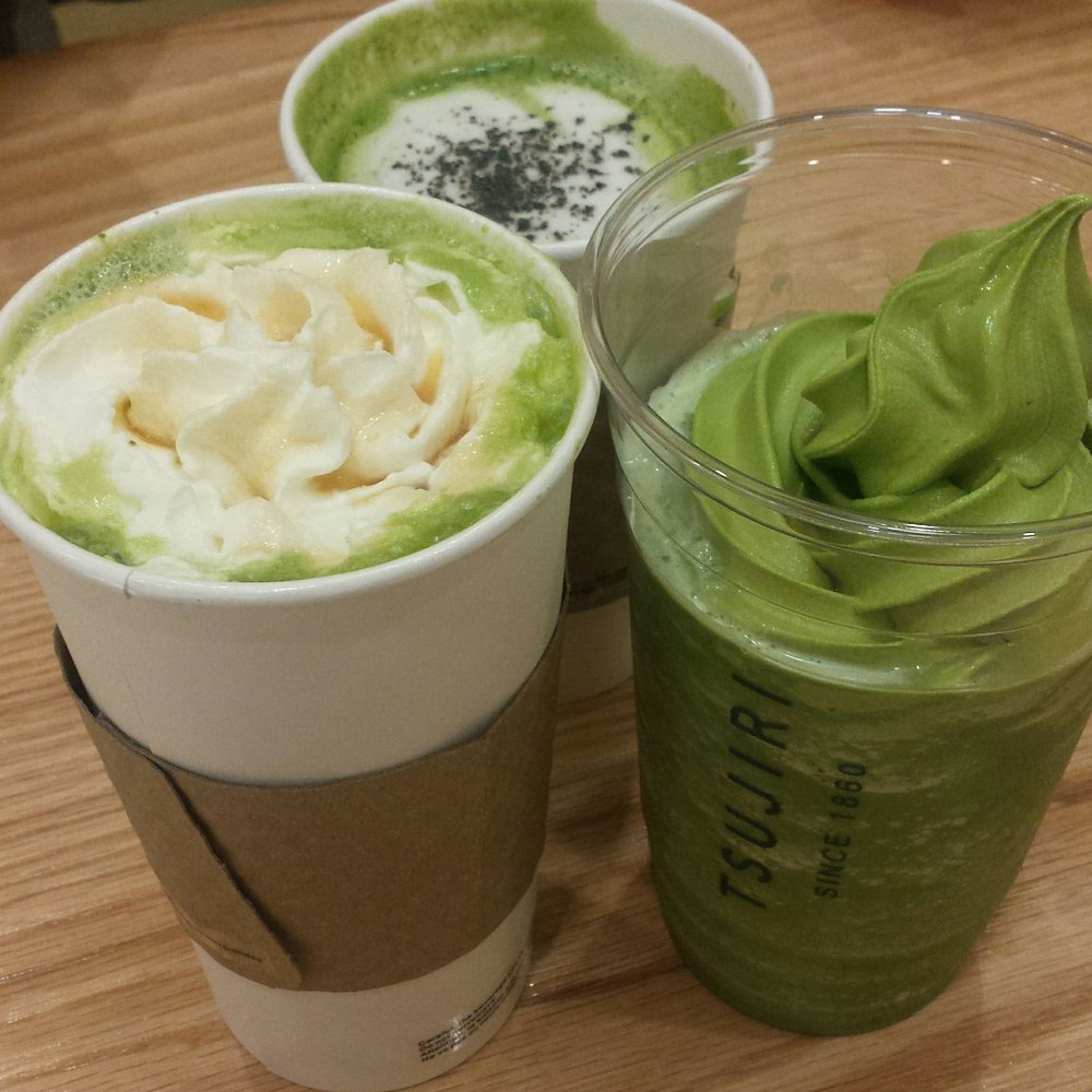 Tsujiri - O'Matcha Latte with Whipped Cream and Maple Syrup and Salt (left), Black Sesame Matcha Latte (center), Matcha Float (right) - Tea Rooms Near Me - Toronto, Ontario Tsujiri - O'Matcha Latte with Whipped Cream and Maple Syrup and Salt (left), Black Sesame Matcha Latte (center), Matcha Float (right) - Tea Rooms Near Me - Toronto, Ontario