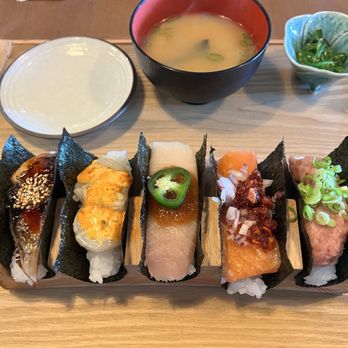 Oh Banzai - 5 piece hand roll set: Negitoro, salmon + onion crunch chili oil, yellowtail + jalapeño ponzu, scallop + spicy mayo (aburi), eel + shichimi - Japanese Near Me - Gardena, California Oh Banzai - 5 piece hand roll set: Negitoro, salmon + onion crunch chili oil, yellowtail + jalapeño ponzu, scallop + spicy mayo (aburi), eel + shichimi - Japanese Near Me - Gardena, California