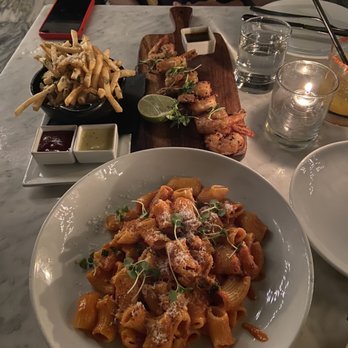 Ysabel - Rigatoni Vodka Pasta, Truffle Fries and Crispy Sesame shrimp - New American Near Me - West Hollywood, California Ysabel - Rigatoni Vodka Pasta, Truffle Fries and Crispy Sesame shrimp - New American Near Me - West Hollywood, California
