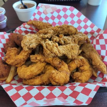 Chick O' Fish - Shrimp and chicken dinner with fries and hushpuppies. - Seafood Near Me - Tulsa, Oklahoma Chick O' Fish - Shrimp and chicken dinner with fries and hushpuppies. - Seafood Near Me - Tulsa, Oklahoma