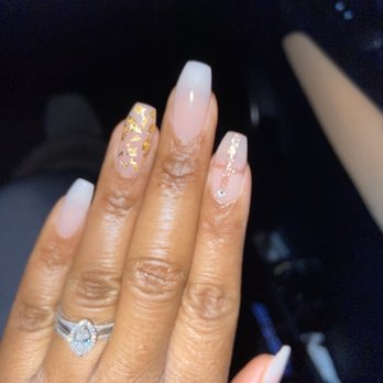 Natural Nails Boutique - Dip ombré nails with gold flakes and gold cross design by Ann - Nail Salons Near Me - Campbell, California