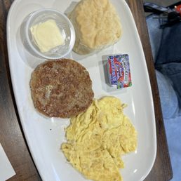 Breakfast platter w sausage and biscuit