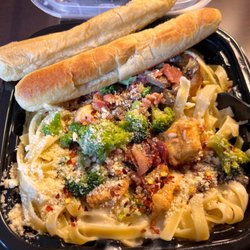 Fazoli's - Loaded Fettuccine! Chicken, bacon, broccoli & mushrooms! Parm cheese and red pepper flakes were added after pick up.