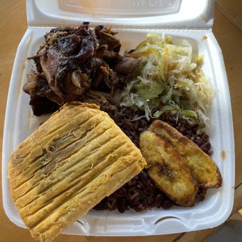 Bikkle Jamaican Restaurant - Stew chicken w/ rice & peas. Side beef/cheese patty. Delicious! - Caribbean Near Me - Austin, Texas Bikkle Jamaican Restaurant - Stew chicken w/ rice & peas. Side beef/cheese patty. Delicious! - Caribbean Near Me - Austin, Texas