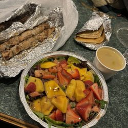 Evan's Restaurant - Tropical salad, chicken kebab, and chicken noodle soup.