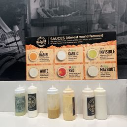 Different sauces - we tried garlic (can't go wrong), habibi and max out - all good! Different sauces - we tried garlic (can't go wrong), habibi and max out - all good!