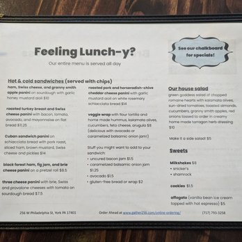 Gather 256 - Lunch (all day) menu - Cafes Near Me - York, Pennsylvania Gather 256 - Lunch (all day) menu - Cafes Near Me - York, Pennsylvania