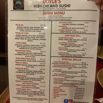 Coyle's Hibachi - Front of menu - Japanese Near Me - Cedar Rapids, Iowa