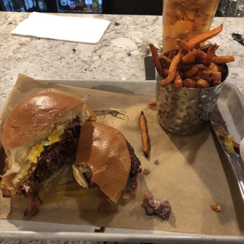 Jimmy P's Charred - Hangover Burger with sweet potato fries. - Steakhouses Near Me - Naples, Florida Jimmy P's Charred - Hangover Burger with sweet potato fries. - Steakhouses Near Me - Naples, Florida
