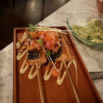 Cabra - We grabbed the Salmon Skewers , we aren't big on salmon either but these were sooo delicious!! - Peruvian Near Me - Los Angeles, California