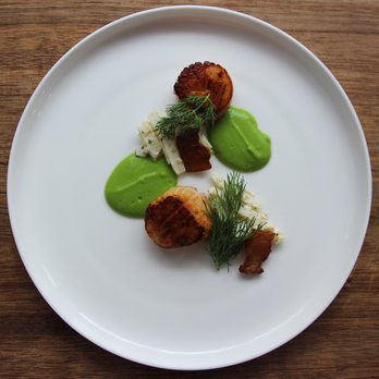 Michael Hauschild Personal Chef - Seared Scallops, Pea Puree, Bacon Lardon, Fennel and Garlic Salad - Personal Chefs Near Me Michael Hauschild Personal Chef - Seared Scallops, Pea Puree, Bacon Lardon, Fennel and Garlic Salad - Personal Chefs Near Me