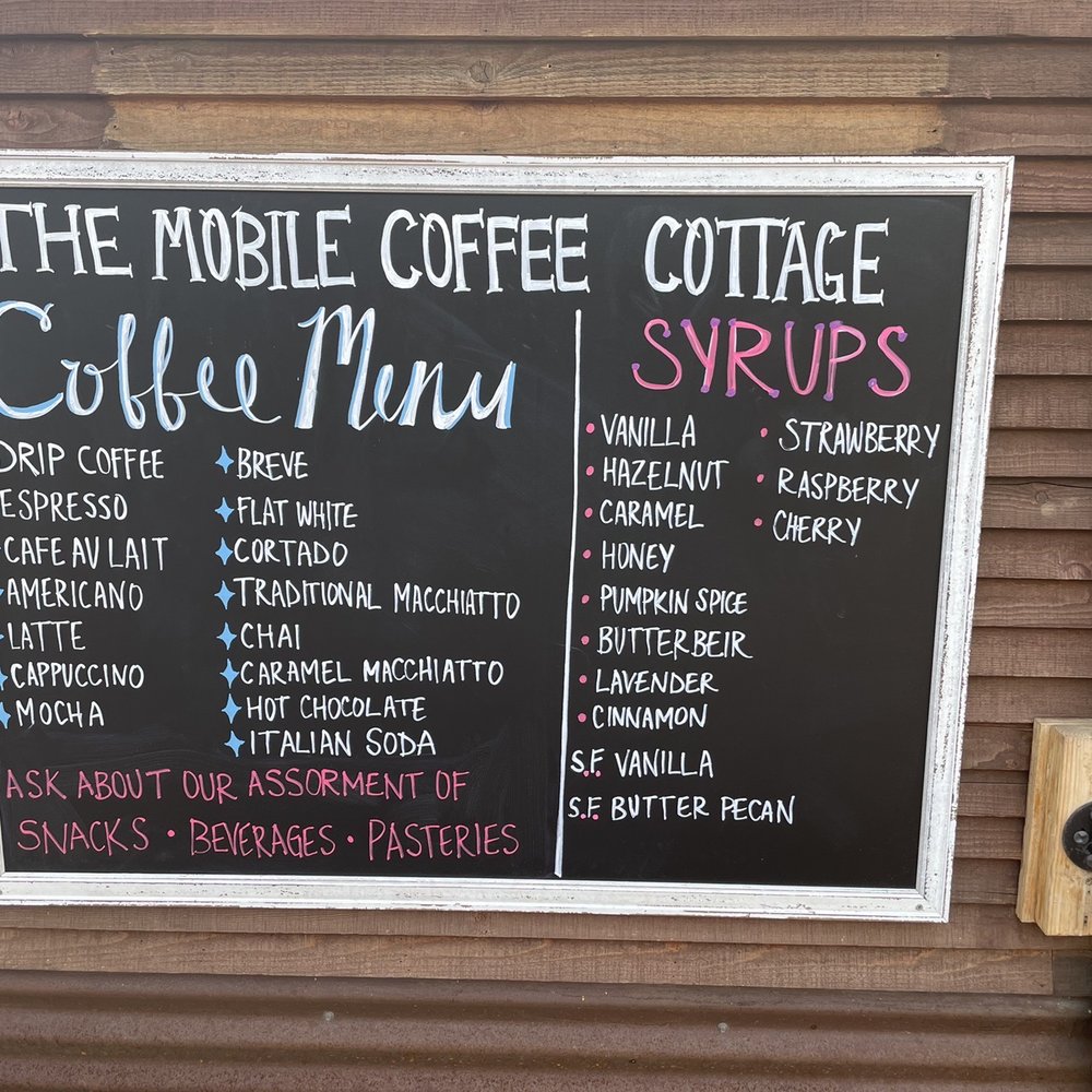 The Coffee Cottage, Mobile - a menu on a blackboard - Coffee & Tea Near Me - Cascade, Colorado The Coffee Cottage, Mobile - a menu on a blackboard - Coffee & Tea Near Me - Cascade, Colorado