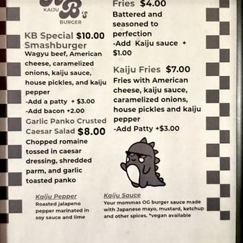 Kaiju  Burgers - Menu 2/6/26 - Burgers Near Me - Tucson, Arizona