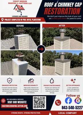 Chimney Repair Services - Coast Breeze Roofing & Gutters offers expert chimney repair in Bluffton, SC and surrounding areas. Our services include chimney inspections, masonry repair, cap installation, waterproofing, and leak fixes for homes and businesses. Count on our certified team for safe, reliable, and long-lasting chimney repairs. We provide honest estimates, quality workmanship, and fast response times. Serving Bluffton, Beaufort, Hardeeville, Hilton Head Island, Okatie, Ridgeland, and nearby communities. Chimney Repair Services - Coast Breeze Roofing & Gutters offers expert chimney repair in Bluffton, SC and surrounding areas. Our services include chimney inspections, masonry repair, cap installation, waterproofing, and leak fixes for homes and businesses. Count on our certified team for safe, reliable, and long-lasting chimney repairs. We provide honest estimates, quality workmanship, and fast response times. Serving Bluffton, Beaufort, Hardeeville, Hilton Head Island, Okatie, Ridgeland, and nearby communities.
