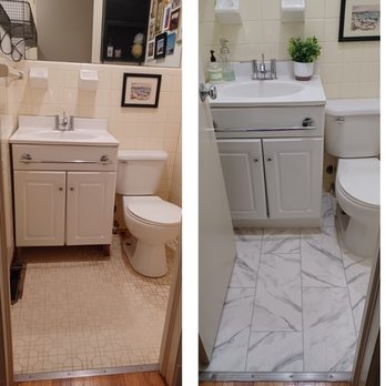 High Point Flooring Center - August 2022 The thick, padded sheet vinyl remnant was an easy DIY install and laid down well over top of the existing dated mosaic tile. - Flooring Near Me - High Point, North Carolina