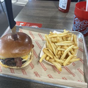 Backporch Drafthouse - Double cheeseburger with bacon, jam, and bacon with fries - American Near Me - Lawton, Oklahoma