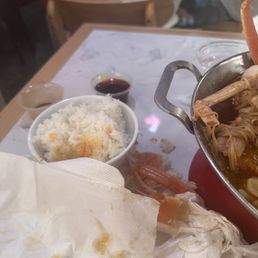 The mess I was making trying to eat crab  out of the bowl.