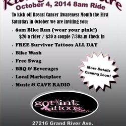 Got Ink Tattoos And Piercing - 10/4/14 Breast Cancer Awareness Bike Run followed by BBQ, Bike Wash, FREE BREAST CANCER SURVIVOR TATTOOS ALL DAY & more!