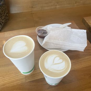 Moonshot Coffee - Two lattes and a butter pastry with strawberry jam packaged to go - Coffee & Tea Near Me - Seattle, Washington Moonshot Coffee - Two lattes and a butter pastry with strawberry jam packaged to go - Coffee & Tea Near Me - Seattle, Washington