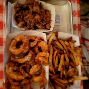 Fat Bob's Smokehouse - Pulled pork, onion rings and fries. - Barbeque Near Me - Buffalo, New York