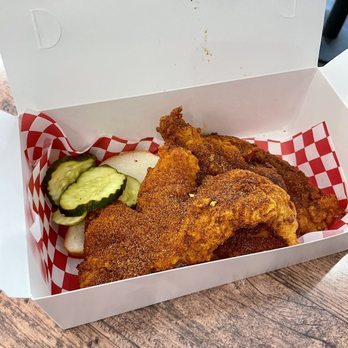 Wooboi Hot Chicken - 3 Level 2 Tenders with pickles and bread - Chicken Shop Near Me - Alexandria, Virginia Wooboi Hot Chicken - 3 Level 2 Tenders with pickles and bread - Chicken Shop Near Me - Alexandria, Virginia