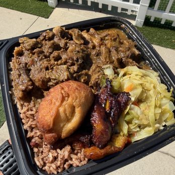 Peppers Jamaican belizean kitchen - Curry goat, cabbage, rice & peas, Fried Plantains,  Festival Bread - Caribbean Near Me - Los Angeles, California