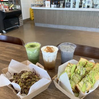Auria Coffee - double matcha, cream top biscoff latte, black sesame latte, dubai chocolate croffle, matcha honey breadsticks (IG @vivveats) - Desserts Near Me - Buena Park, California Auria Coffee - double matcha, cream top biscoff latte, black sesame latte, dubai chocolate croffle, matcha honey breadsticks (IG @vivveats) - Desserts Near Me - Buena Park, California