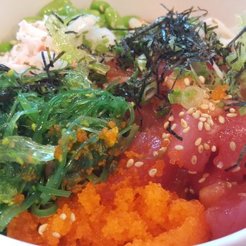 Poki One N Half - 2 scoops salmon and tuna with 95% of the toppings - Poke Near Me - San Diego, California