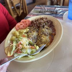 El Paisano Restaurant - Chile relleno plate, fresh chile with hamburger meat