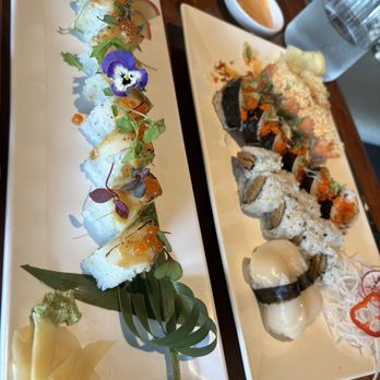 Jpan Sushi & Grill - Left: Shiori Roll (Hokkaido Scallop Seasonal Specialty) Right: Scallop Nigiri, Inari Roll, Tiger, and Crunch Munch - Sushi Bars Near Me - Sarasota, Florida