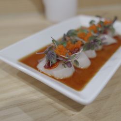Kuidaore Handroll Bar - Hotate (scallop) Crudo - fresh, zesty, hint of chili