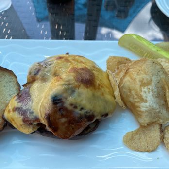 Four Blooms - Build your own burger: chicken burger on a pretzel bun with cheese and barbecue with a side of potato chips - New American Near Me - Drums, Pennsylvania Four Blooms - Build your own burger: chicken burger on a pretzel bun with cheese and barbecue with a side of potato chips - New American Near Me - Drums, Pennsylvania