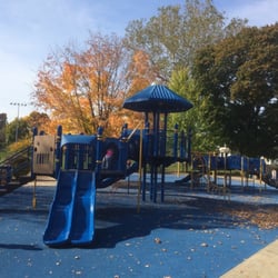 Casey Playground - Play area for ages 5-12 (left) and 2-5 (right). Swing set is in the rear.