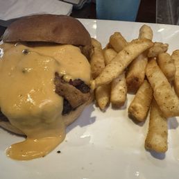Beer cheese burger with fries