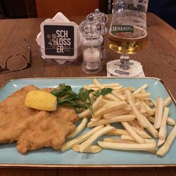 Altstadt Restaurant - Schnitzel Wiener Art with fries.