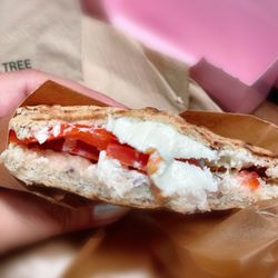 JOE & THE JUICE - Closer look of The Slab + tomato. Just like a bagel except crispy and thin.