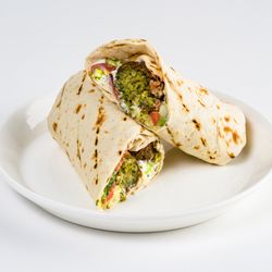 Fotia Mediterranean - Falafel pita : falafel, hummus, pickled onions, tomatoes, cucumbers, tzatziki, romaine with lemon tahini